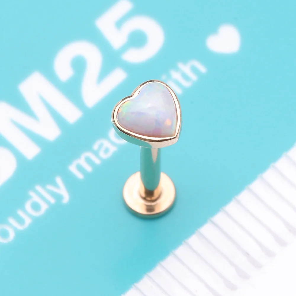 14 Karat Gold OneFit Threadless Heart Fire Opal Sparkle Flat Back Stud Labret - Image 4