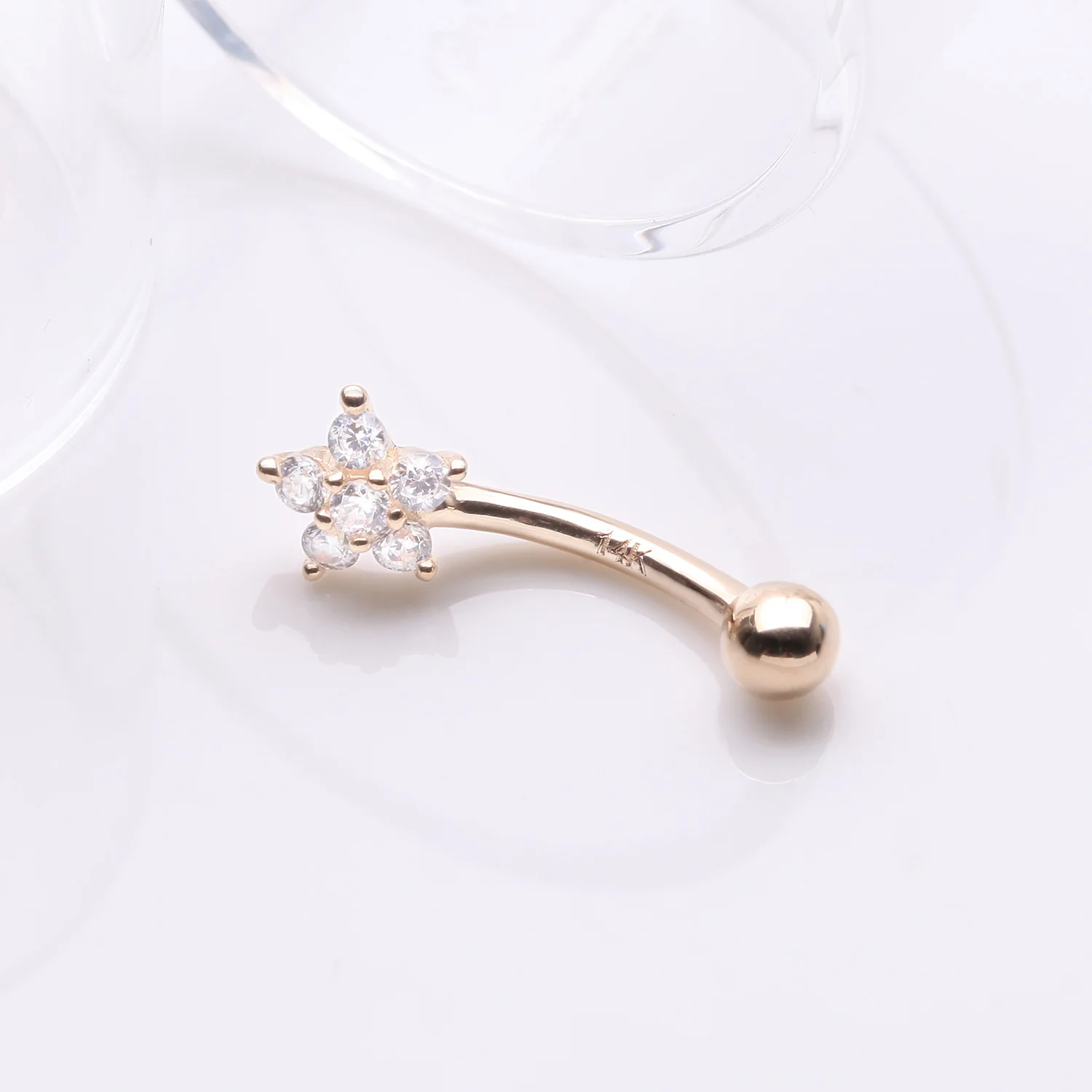 14 Karat Gold Prong Set Brilliant Flower Gem Sparkle Curved Barbell - Image 2