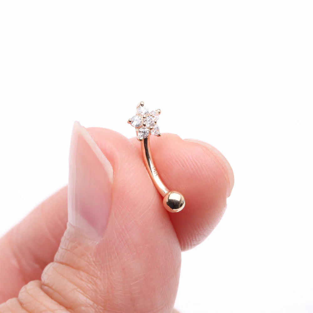 14 Karat Gold Prong Set Brilliant Flower Gem Sparkle Curved Barbell - Image 3