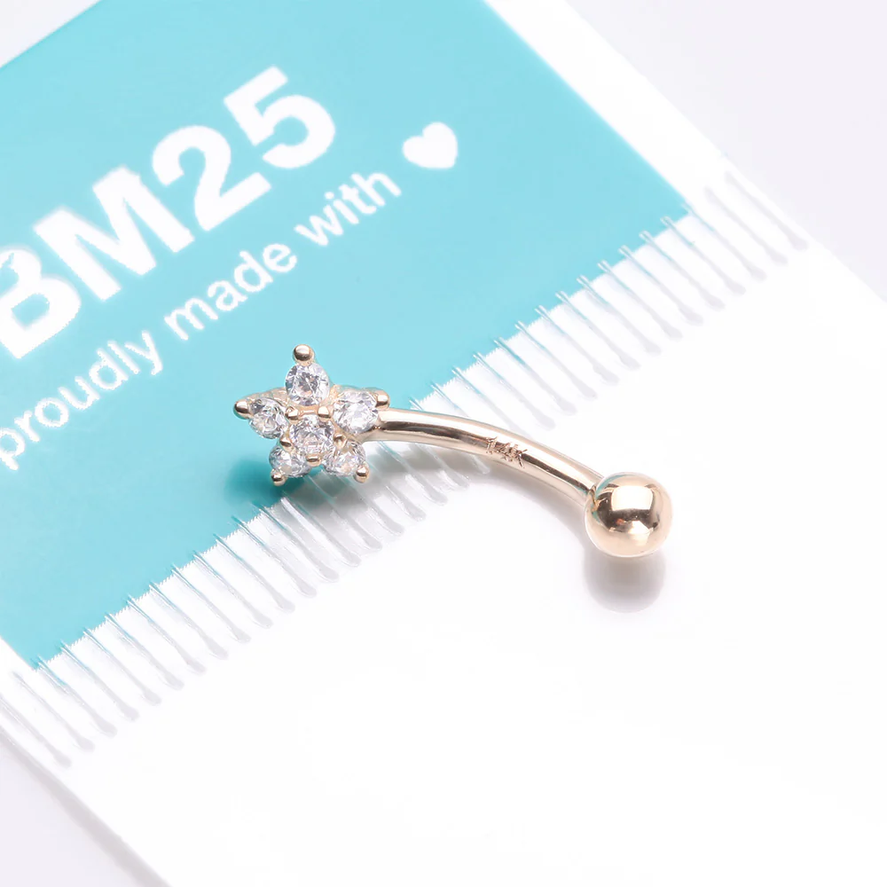 14 Karat Gold Prong Set Brilliant Flower Gem Sparkle Curved Barbell - Image 4