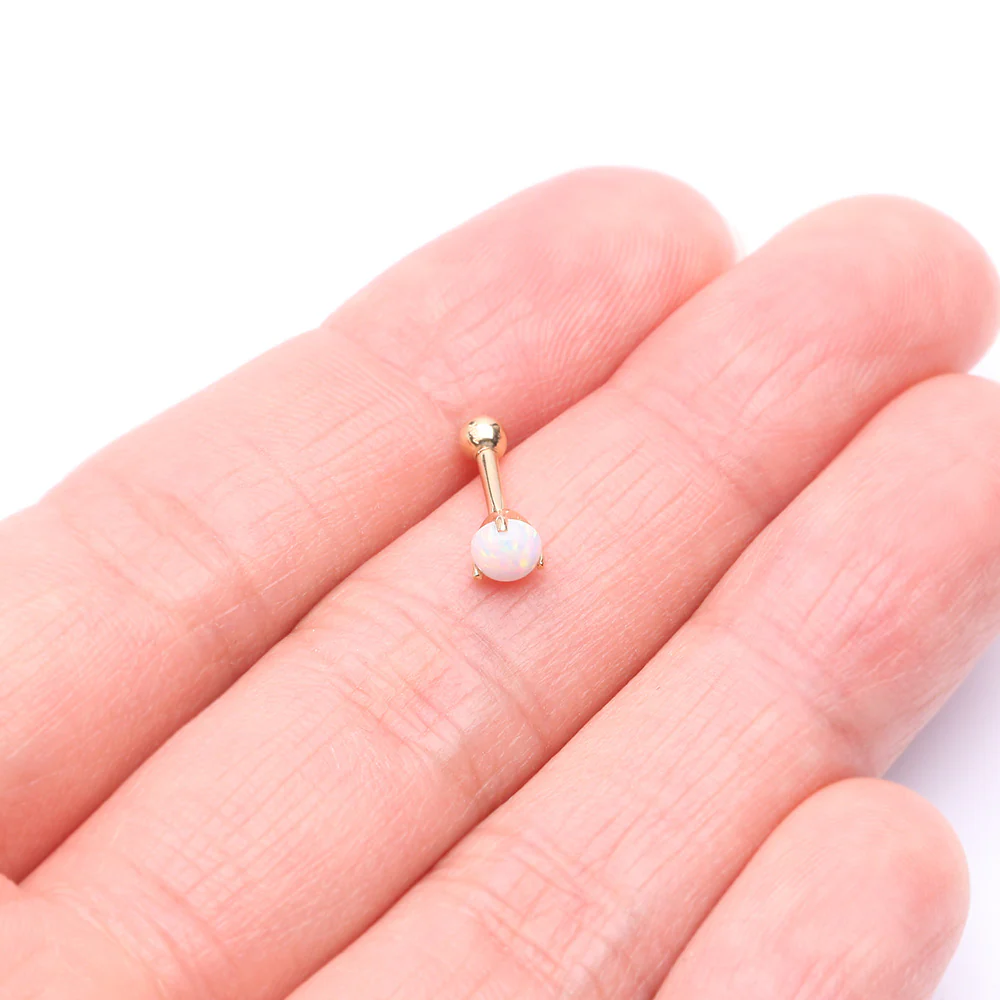 14 Karat Gold Prong Set Fire Opal Sparkle Cartilage Tragus Barbell - Image 3