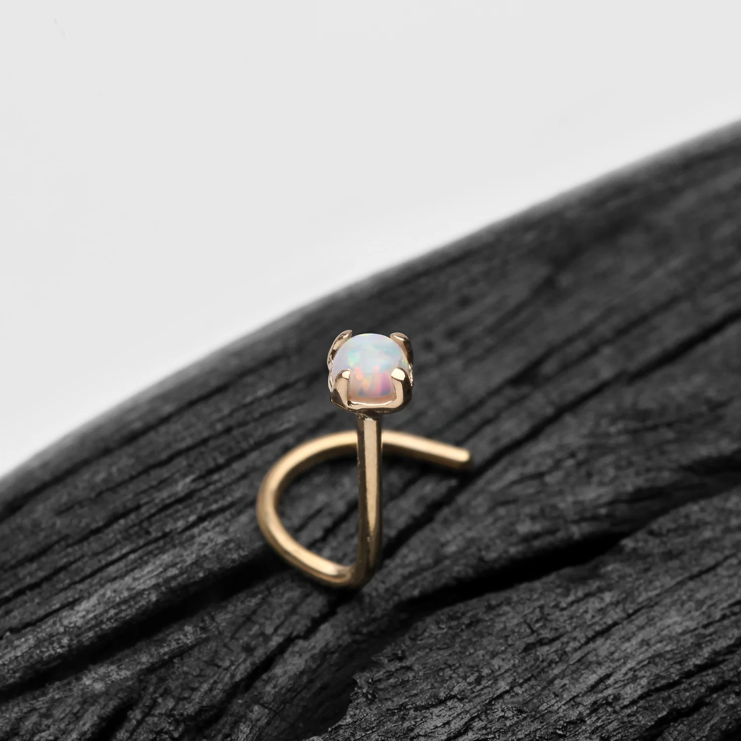 14 Karat Gold Prong Set Fire Opal Top Nose Screw Ring - Image 2