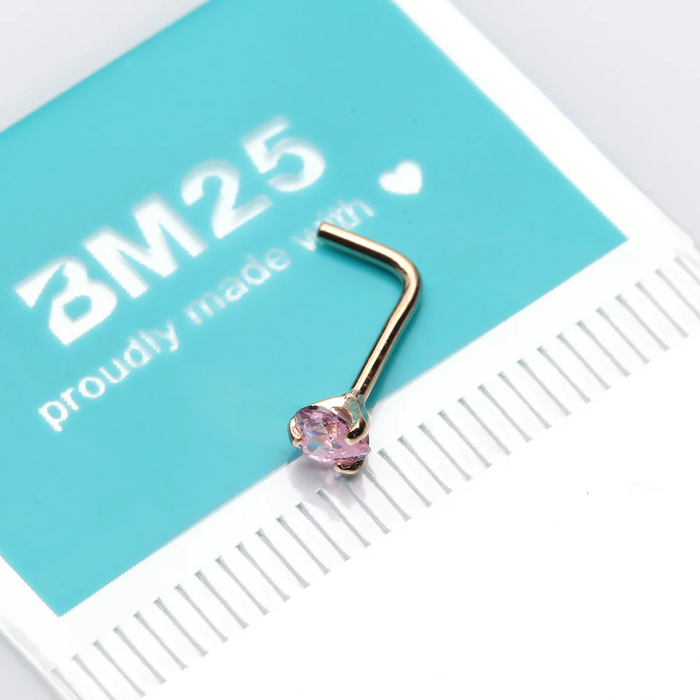 14 Karat Gold Prong Set Heart Sparkle L-Shaped Nose Ring - Image 3
