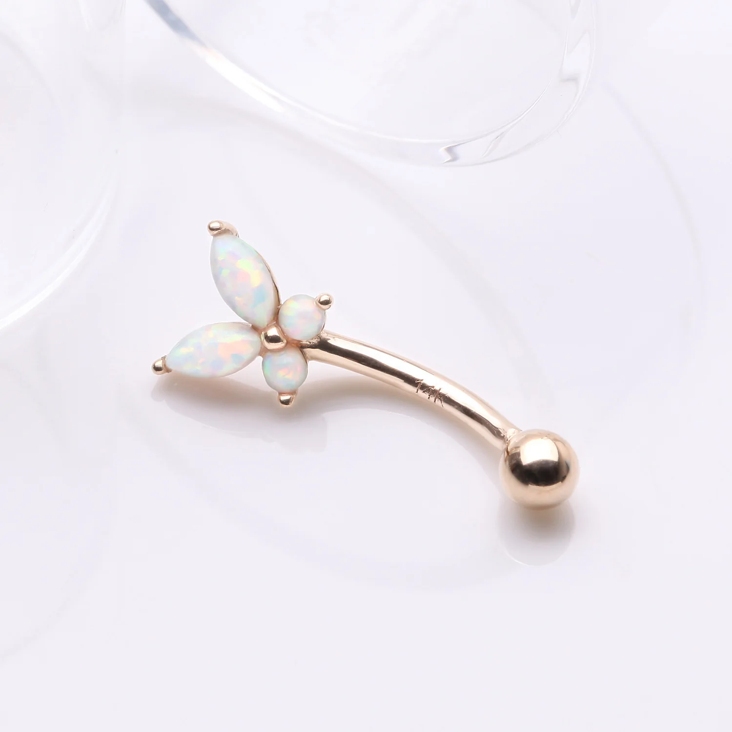 14 Karat Gold Prong Set Marquise Butterfly Fire Opal Sparkle Curved Barbell - Image 2