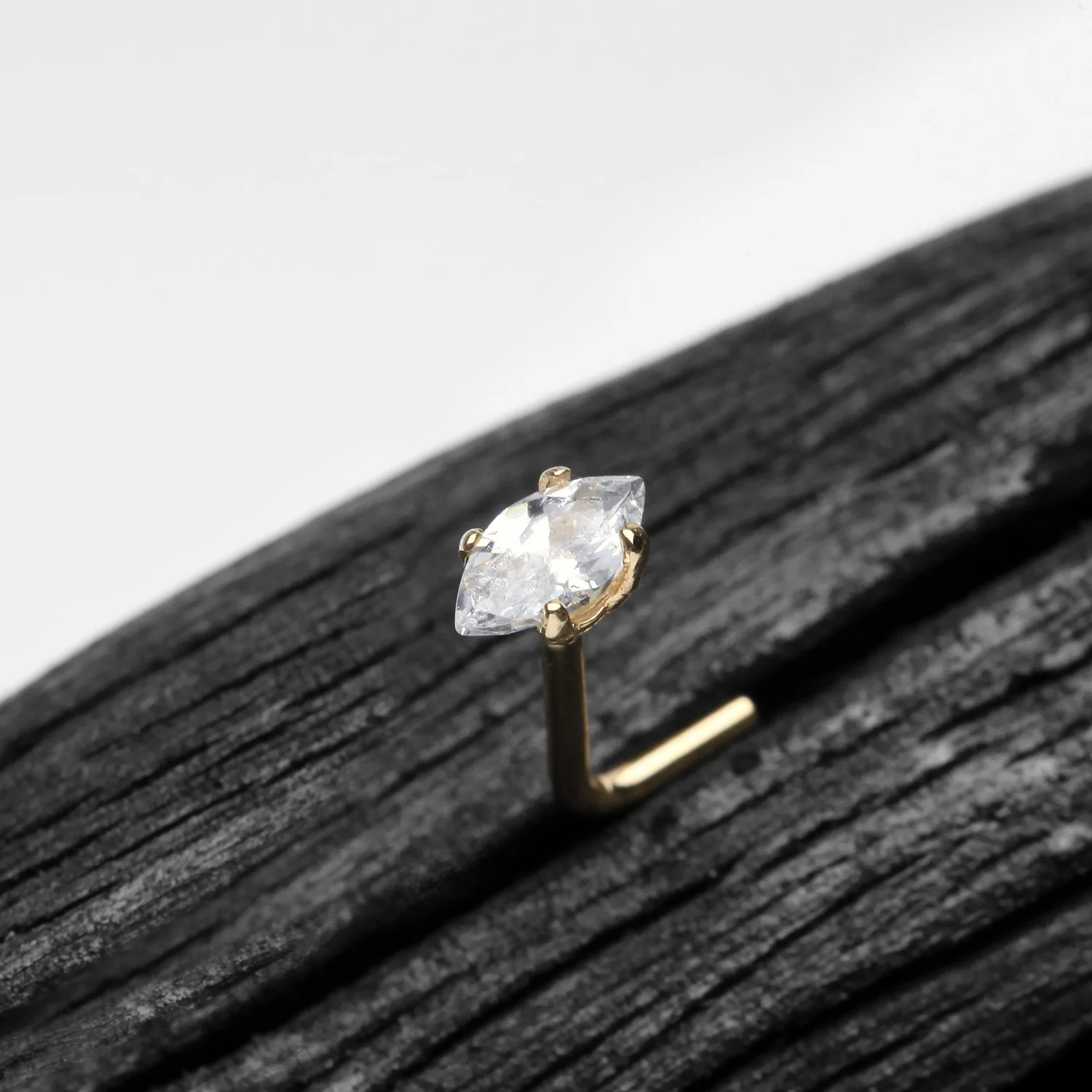 14 Karat Gold Prong Set Marquise Gem Sparkle L-Shaped Nose Ring - Image 2