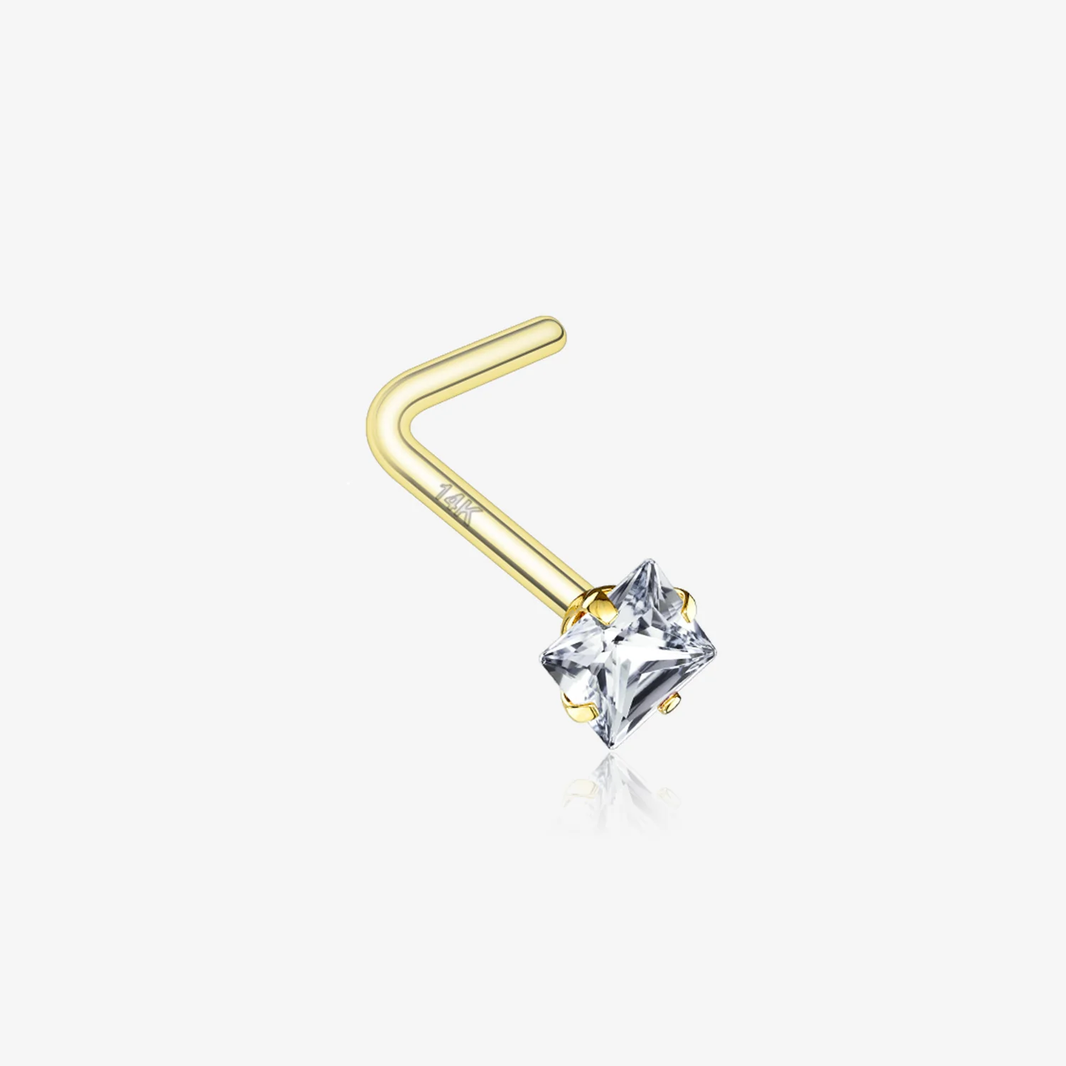 14 Karat Gold Prong Set Princess Cut Gem Top L-Shaped Nose Ring