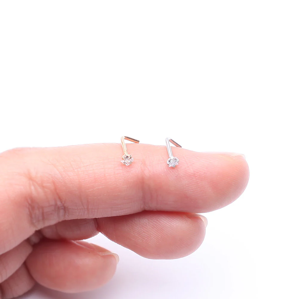 14 Karat Gold Prong Set Princess Cut Gem Top L-Shaped Nose Ring - Image 4