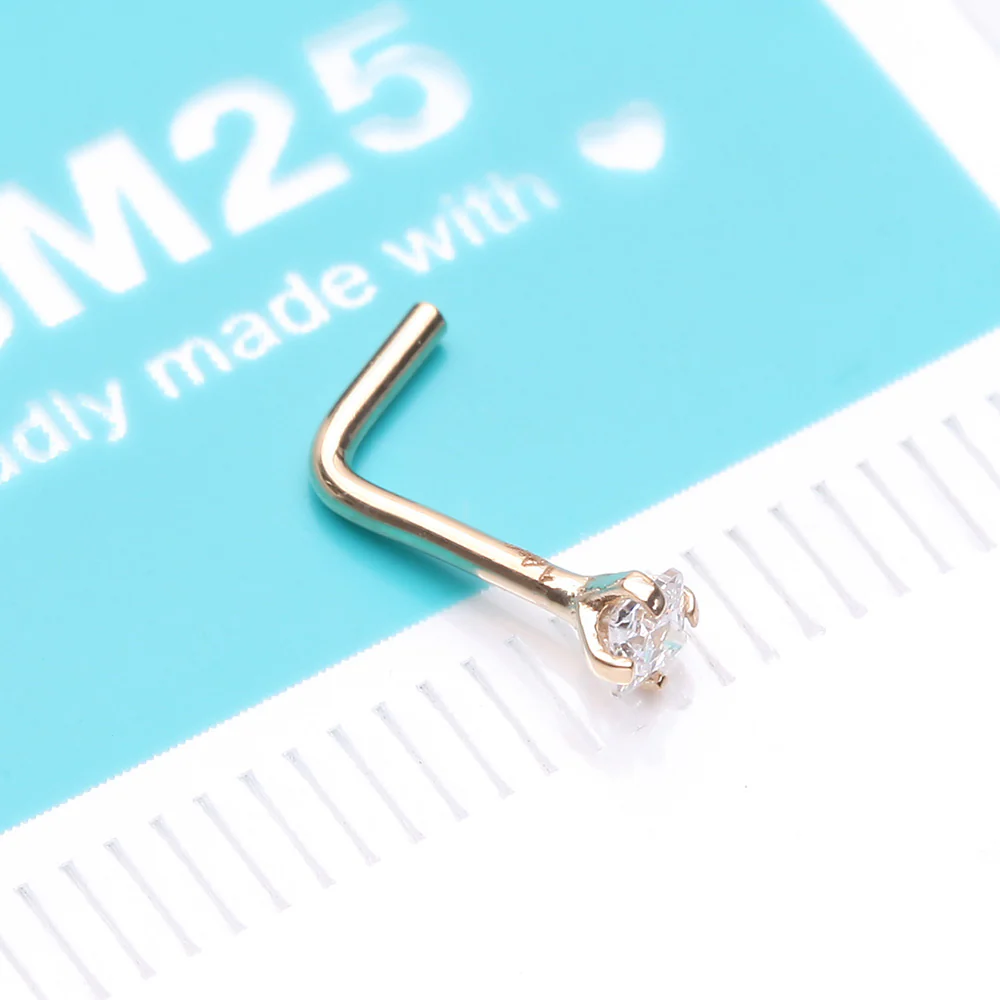 14 Karat Gold Prong Set Princess Cut Gem Top L-Shaped Nose Ring - Image 5