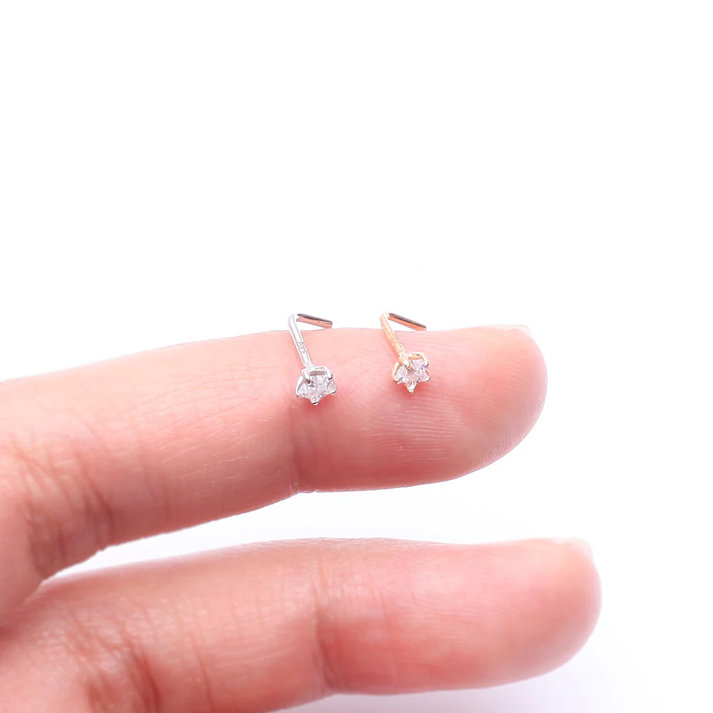 14 Karat Gold Prong Set Star Gem Top L-Shaped Nose Ring - Image 4