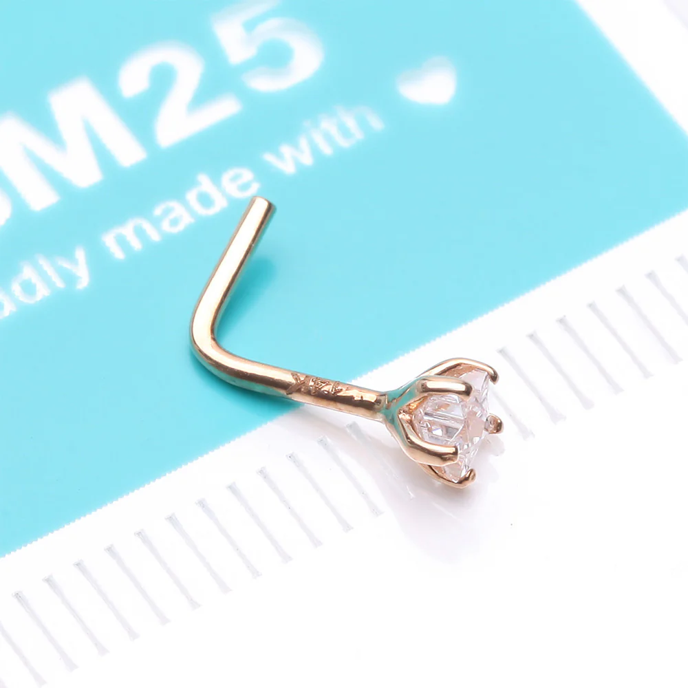 14 Karat Gold Prong Set Star Gem Top L-Shaped Nose Ring - Image 5