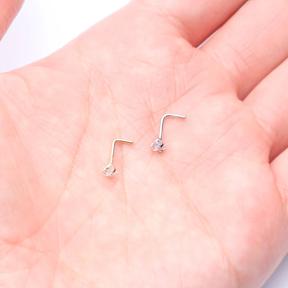 14 Karat Gold Prong Set Triangle Gem Top L-Shaped Nose Ring - Image 4