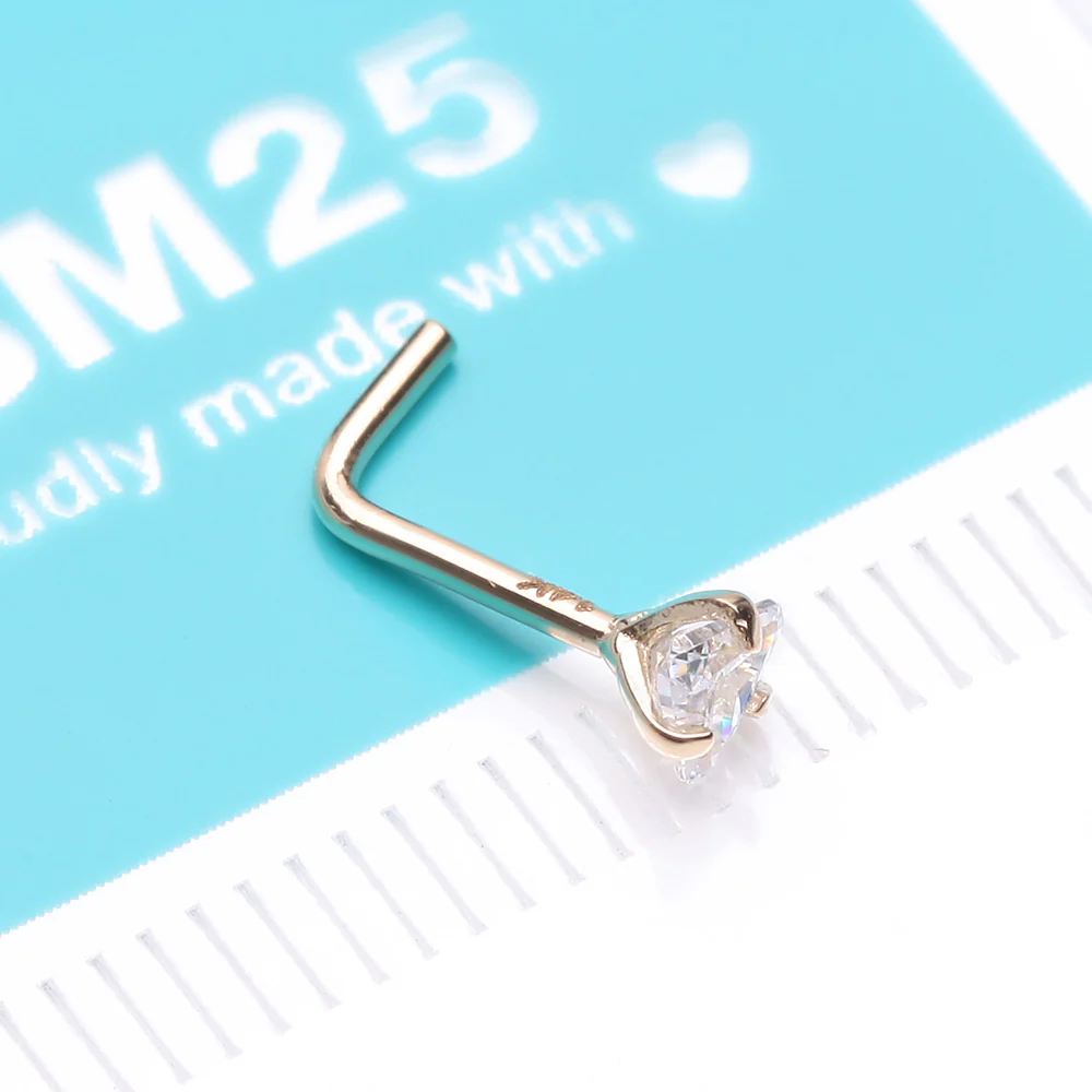 14 Karat Gold Prong Set Triangle Gem Top L-Shaped Nose Ring - Image 5