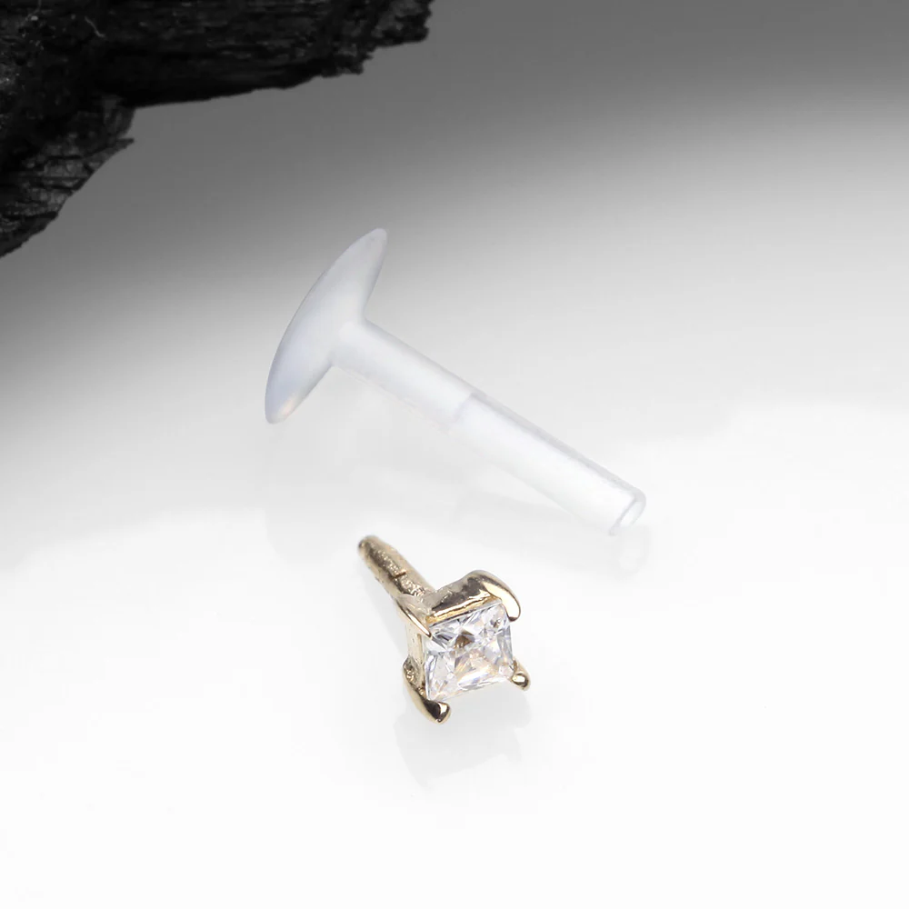 14 Karat Gold Push-In Prong Set Princess Cut Square Gem Top Bio-Flex Labret - Image 3