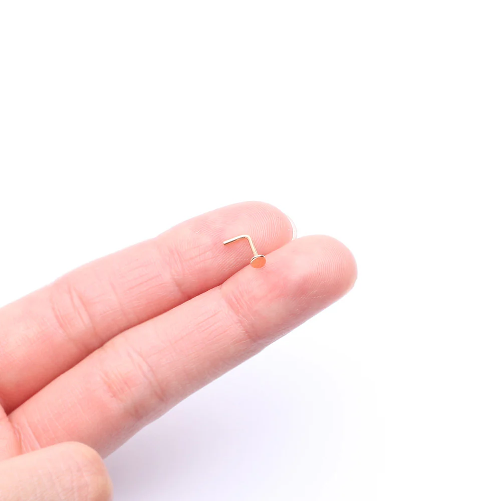 14 Karat Gold Round Disc Top L-Shaped Nose Ring - Image 3