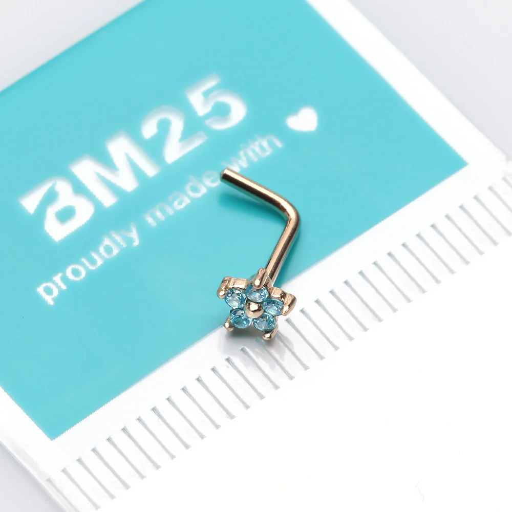 14 Karat Gold Spring Flower Sparkle L-Shaped Nose Ring - Image 3
