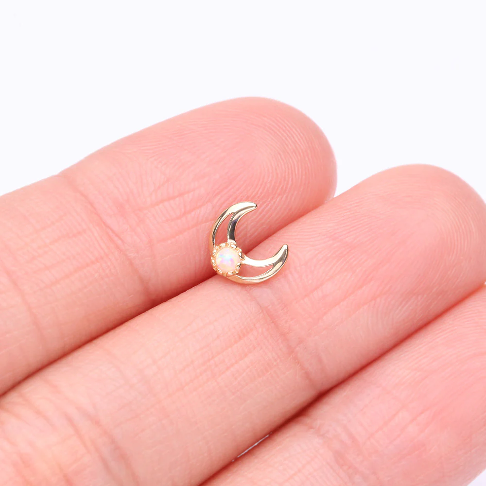 14 Karat Gold OneFit Threadless Crescent Hollow Moon Fire Opal Sparkle Top Part - Image 3