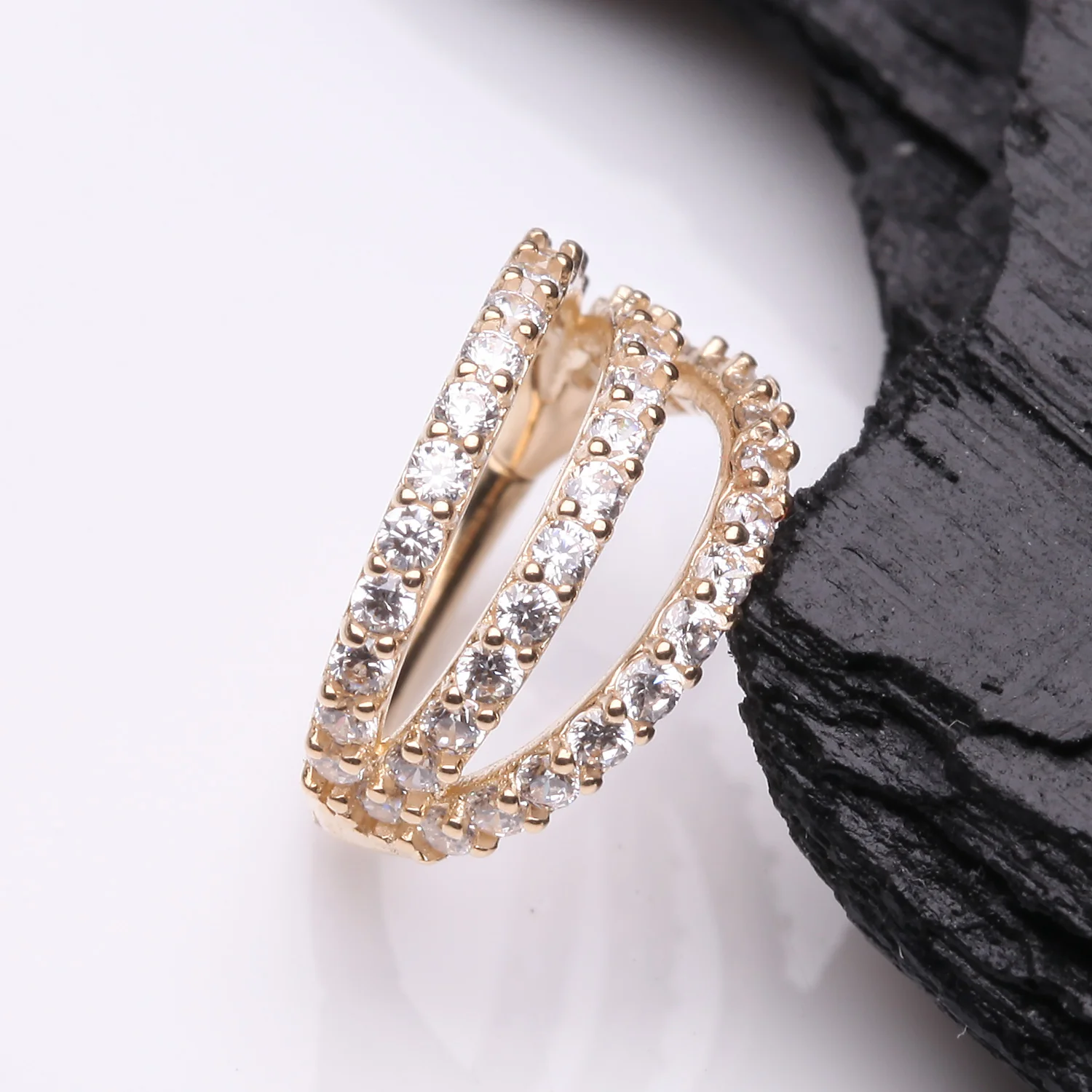 14 Karat Gold Triple Hoop Sparkle Rows Seamless Clicker Hoop Ring - Image 2