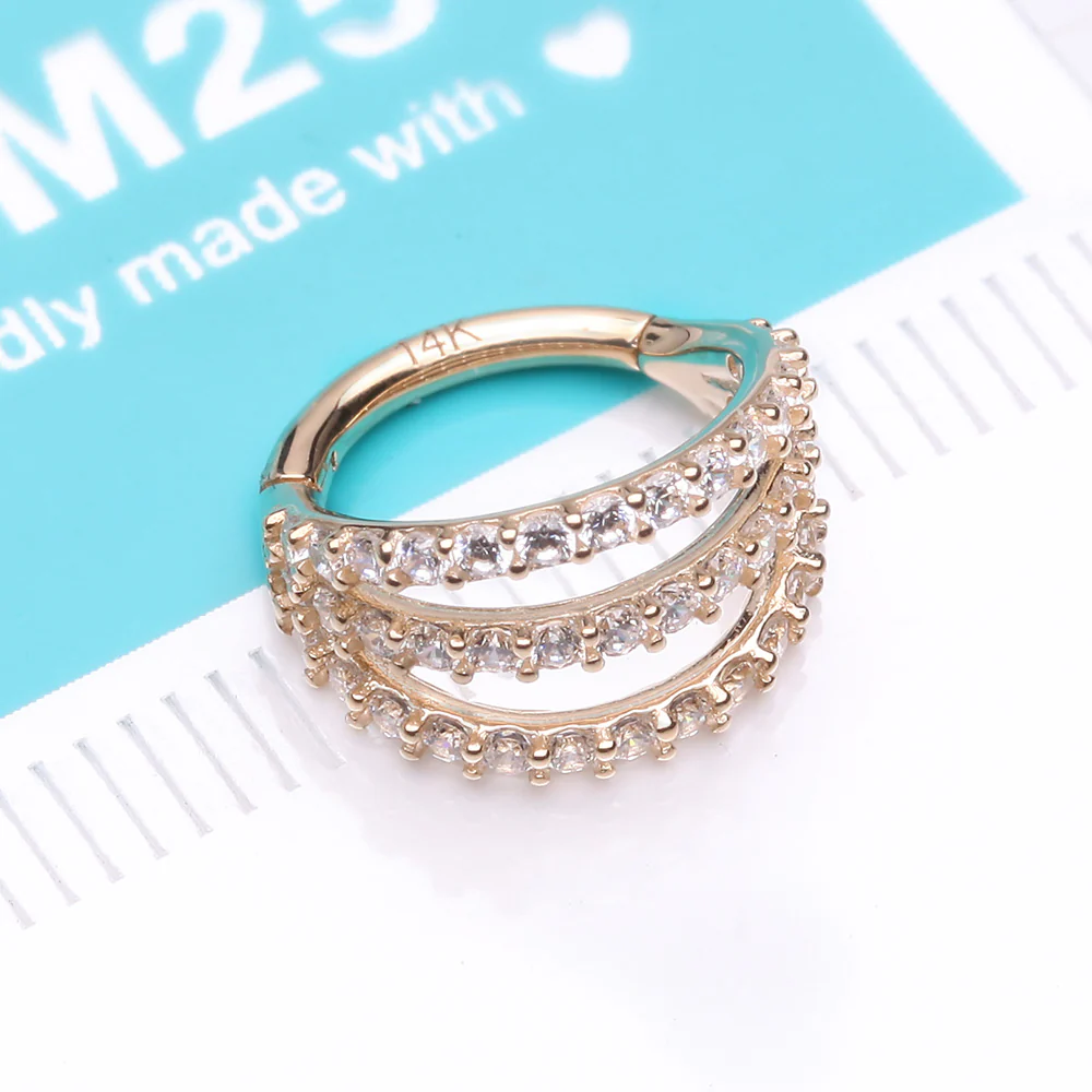 14 Karat Gold Triple Hoop Sparkle Rows Seamless Clicker Hoop Ring - Image 3