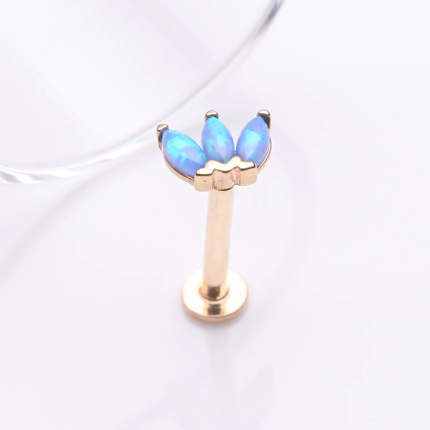 14 Karat Gold OneFit Threadless Triple Marquise Fire Opal Flower Flat Back Stud Labret - Image 2