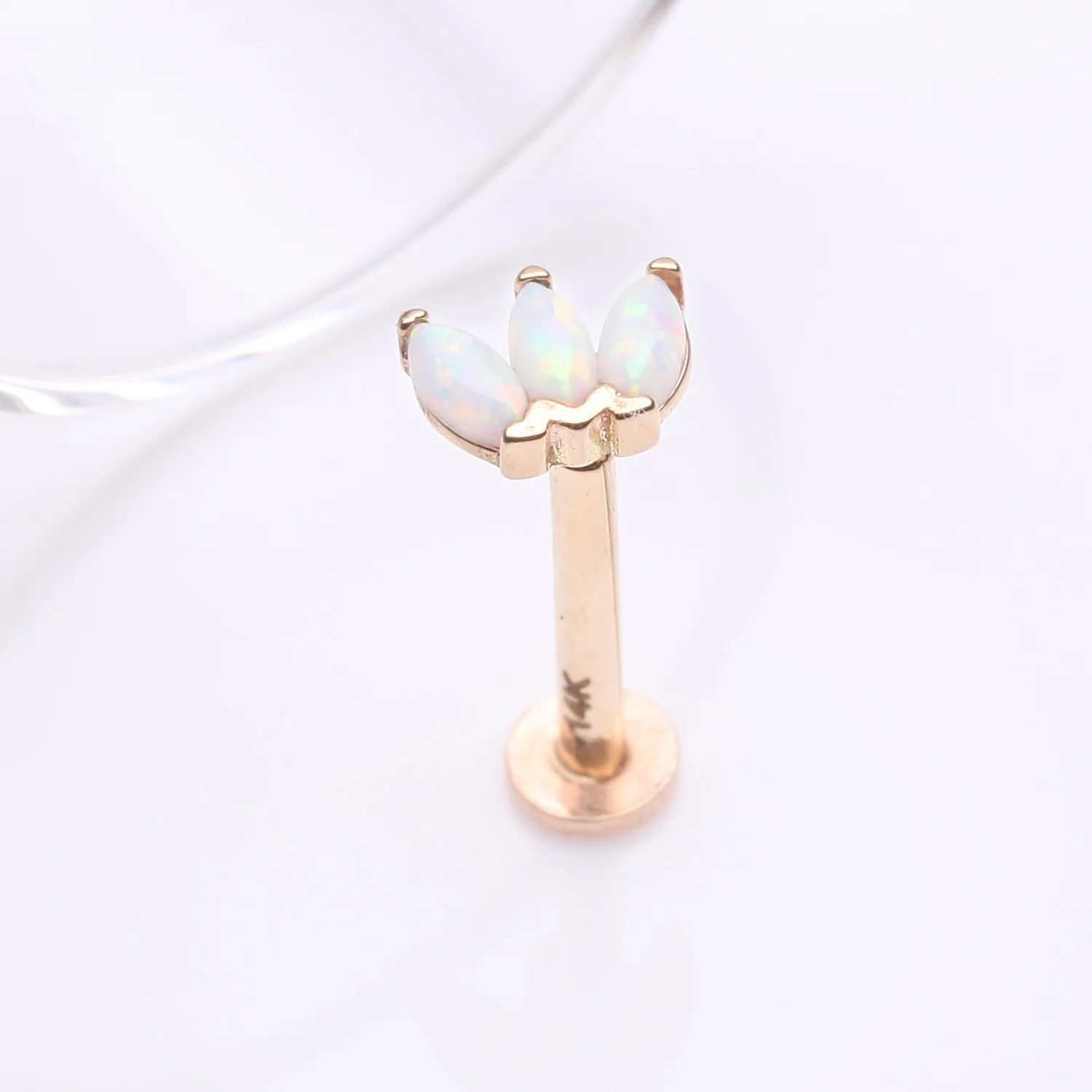 14 Karat Gold OneFit Threadless Triple Marquise Fire Opal Flower Flat Back Stud Labret - Image 2