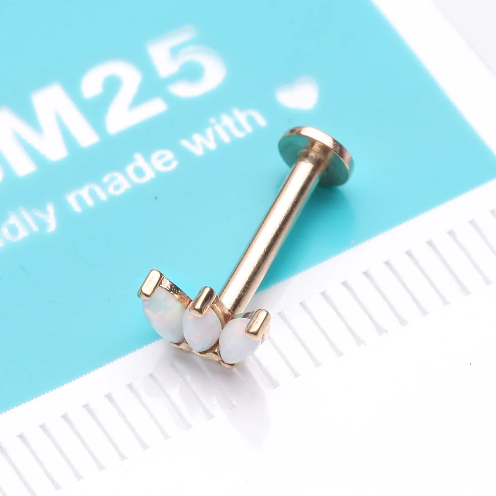 14 Karat Gold OneFit Threadless Triple Marquise Fire Opal Flower Flat Back Stud Labret - Image 3