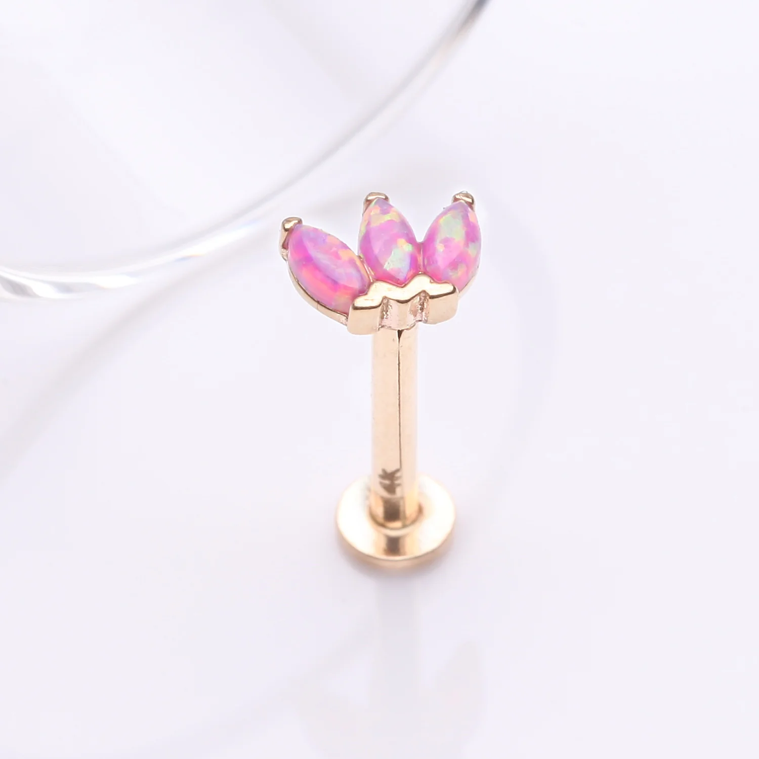 14 Karat Gold OneFit Threadless Triple Marquise Fire Opal Flower Flat Back Stud Labret - Image 2