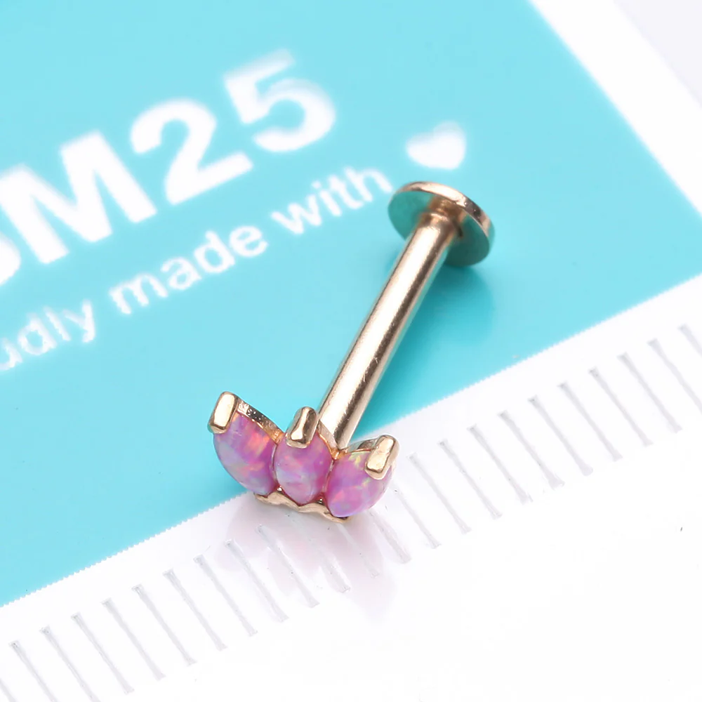 14 Karat Gold OneFit Threadless Triple Marquise Fire Opal Flower Flat Back Stud Labret - Image 3