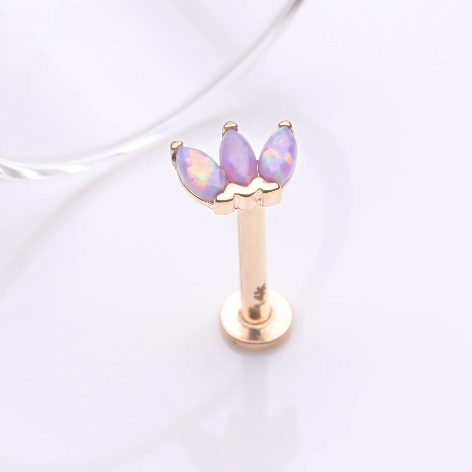 14 Karat Gold OneFit Threadless Triple Marquise Fire Opal Flower Flat Back Stud Labret - Image 2