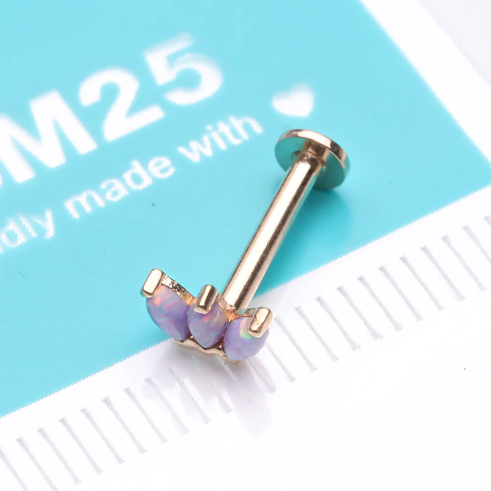 14 Karat Gold OneFit Threadless Triple Marquise Fire Opal Flower Flat Back Stud Labret - Image 3