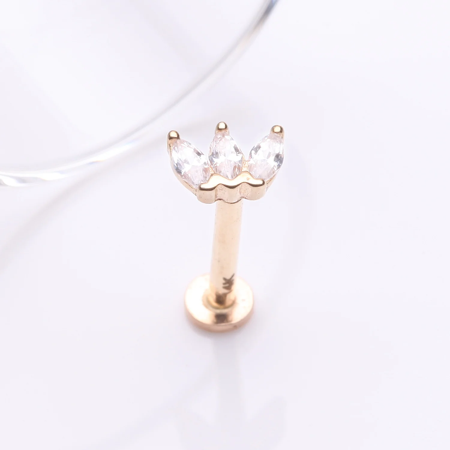 14 Karat Gold OneFit Threadless Triple Marquise Sparkle Flower Flat Back Stud Labret - Image 2