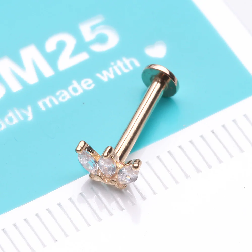 14 Karat Gold OneFit Threadless Triple Marquise Sparkle Flower Flat Back Stud Labret - Image 3