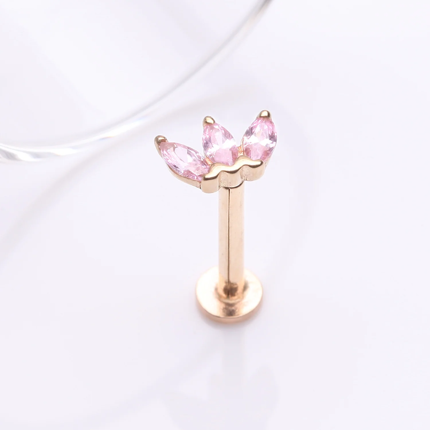 14 Karat Gold OneFit Threadless Triple Marquise Sparkle Flower Flat Back Stud Labret - Image 2