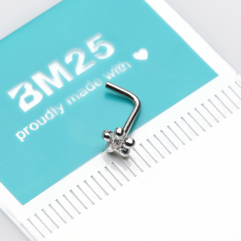 14 Karat White Gold Adorable Flower Sparkle L-Shaped Nose Ring - Image 3