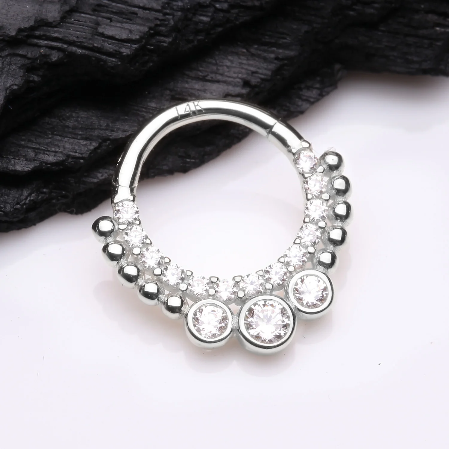 14 Karat White Gold Bali Studded Sparkle Seamless Clicker Hoop Ring - Image 2