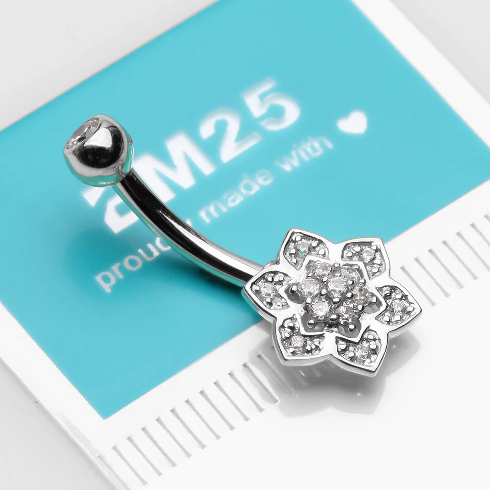 14 Karat White Gold Bali Zen Flower Sparkle Belly Button Ring - Image 4