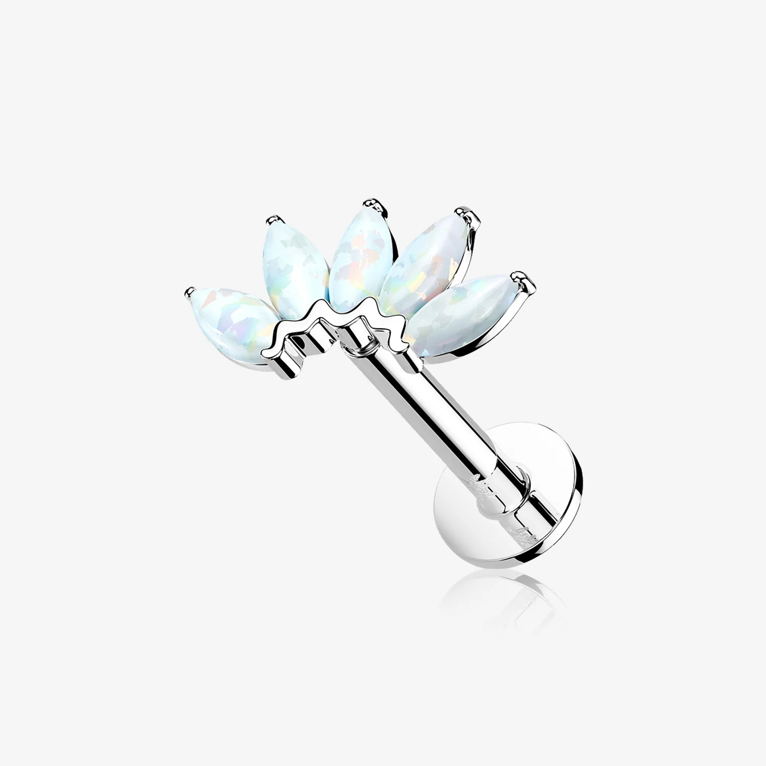 14 Karat White Gold OneFit Threadless Brilliant Marquise Fire Opal Flower Flat Back Stud Labret