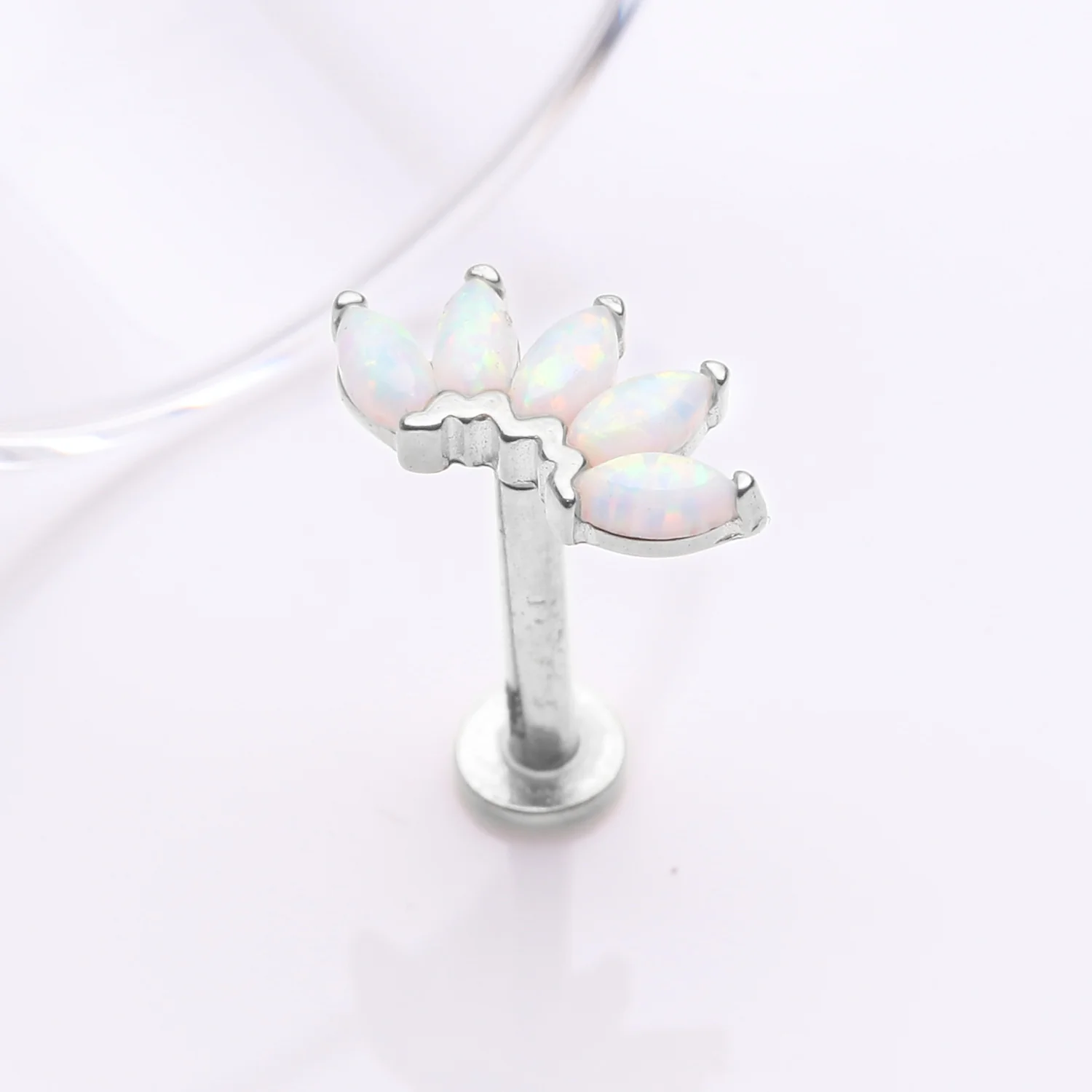 14 Karat White Gold OneFit Threadless Brilliant Marquise Fire Opal Flower Flat Back Stud Labret - Image 2