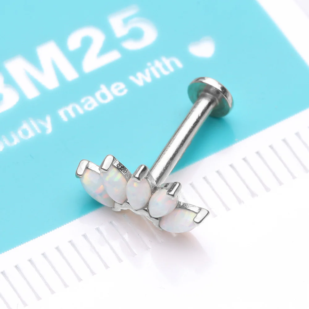 14 Karat White Gold OneFit Threadless Brilliant Marquise Fire Opal Flower Flat Back Stud Labret - Image 3