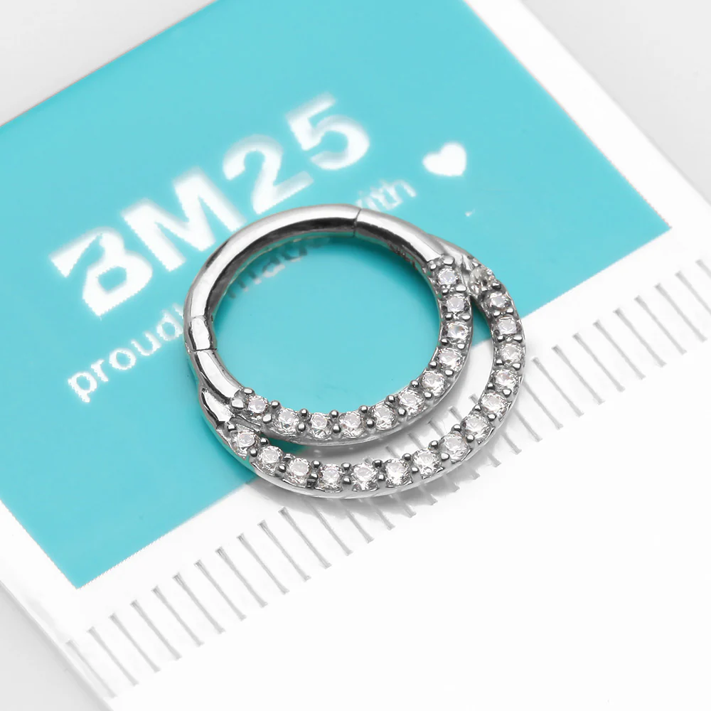 14 Karat White Gold Brilliant Sparkle Double Loop Lined Gems Seamless Clicker Hoop Ring - Image 3