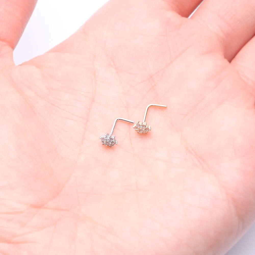 14 Karat White Gold Brilliant Sparkle Flower L-Shaped Nose Ring - Image 4