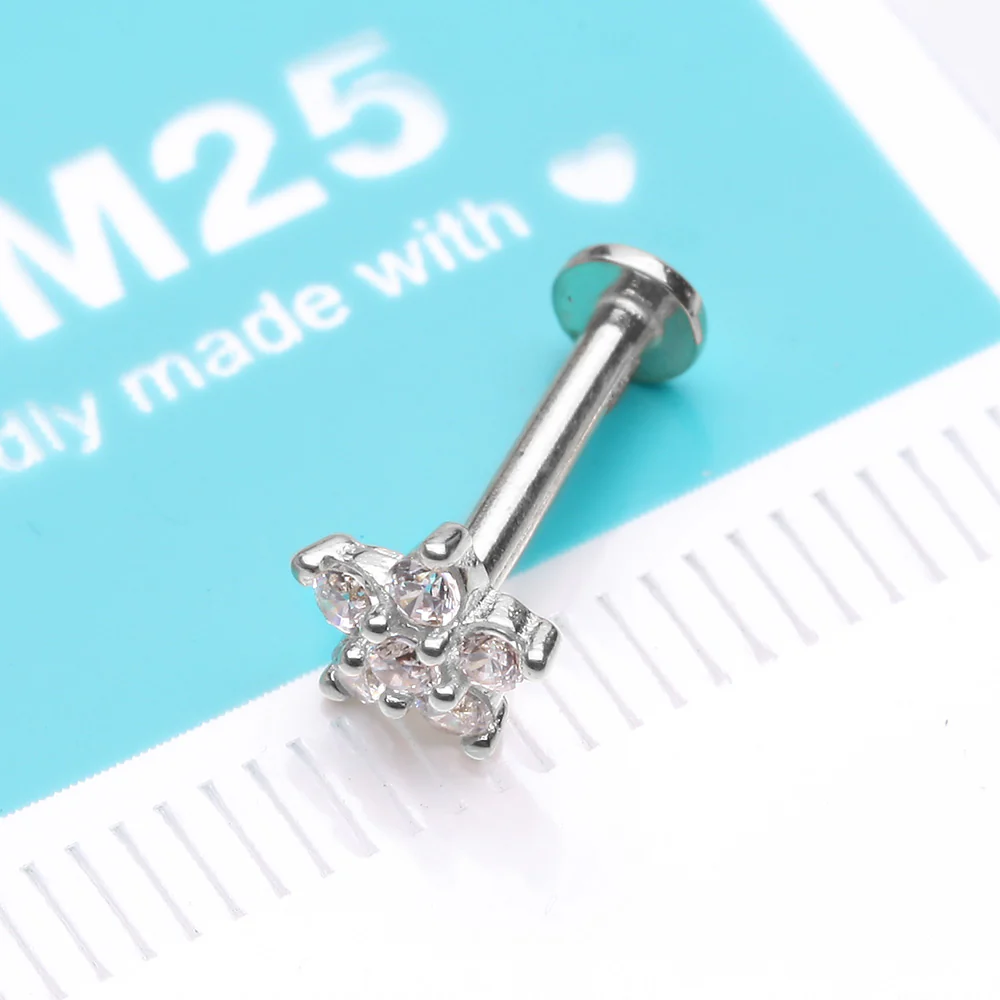 14 Karat White Gold OneFit Threadless Brilliant Sparkle Flower Flat Back Stud Labret - Image 3