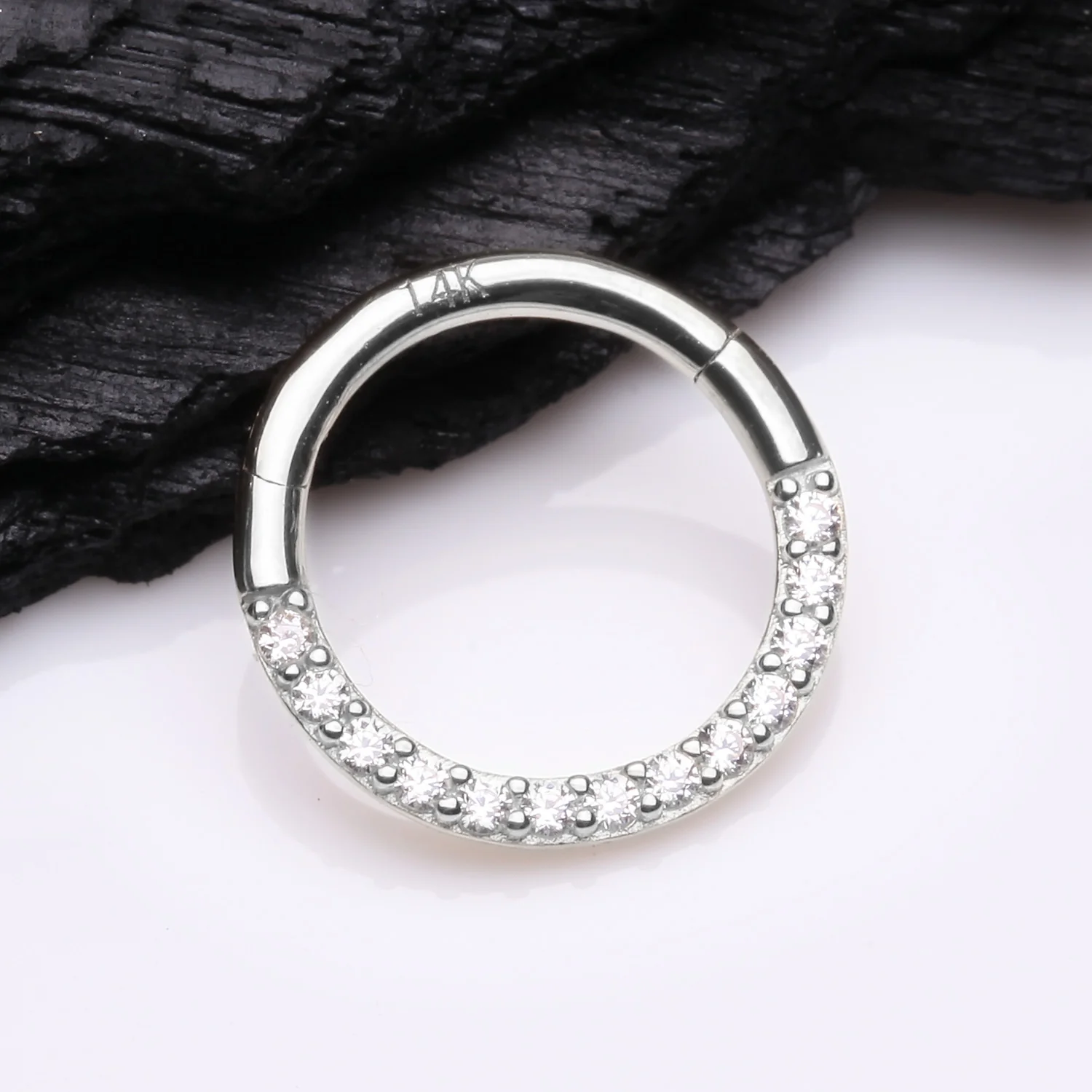 14 Karat White Gold Brilliant Sparkle Gems Front Lined Clicker Hoop Ring - Image 2