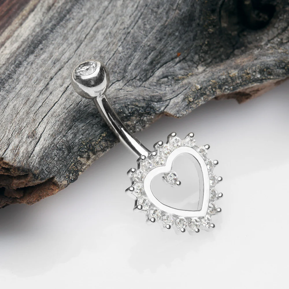 14 Karat White Gold Brilliant Sparkle Multi-Gem Heart Belly Button Ring - Image 3