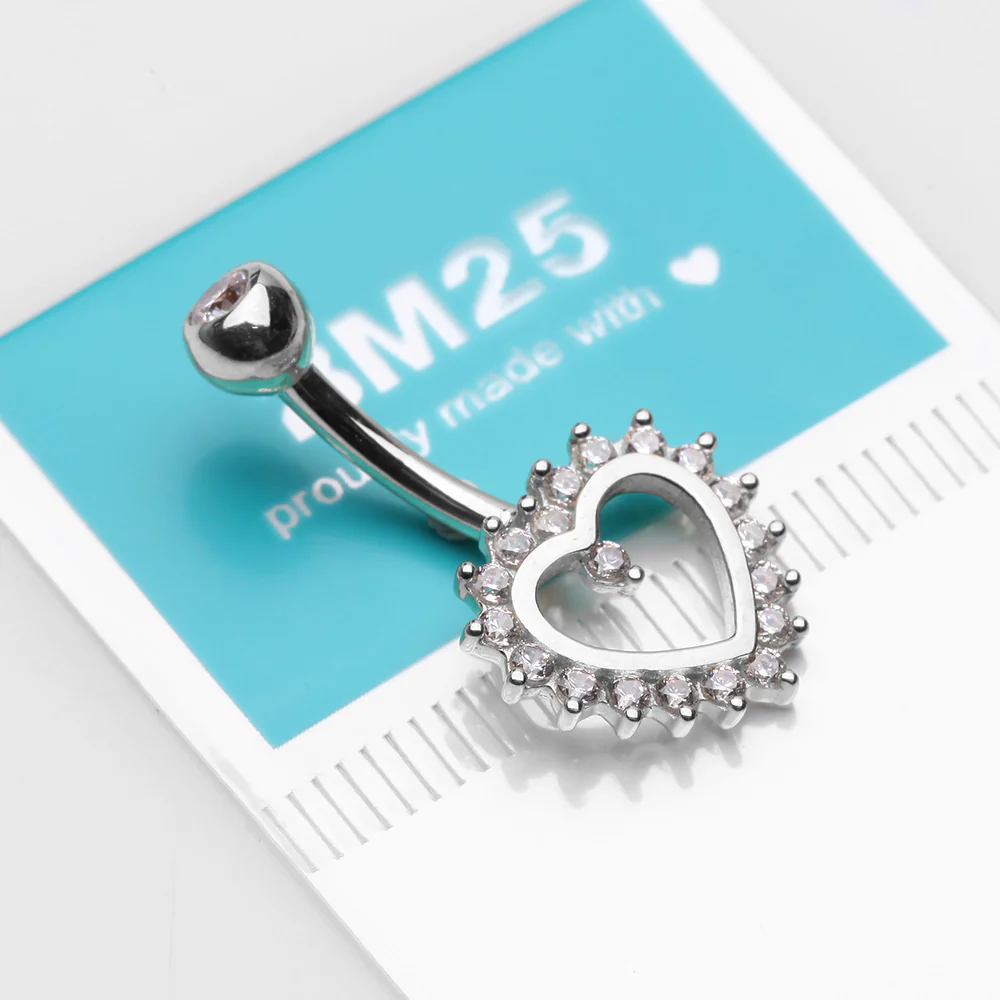 14 Karat White Gold Brilliant Sparkle Multi-Gem Heart Belly Button Ring - Image 4