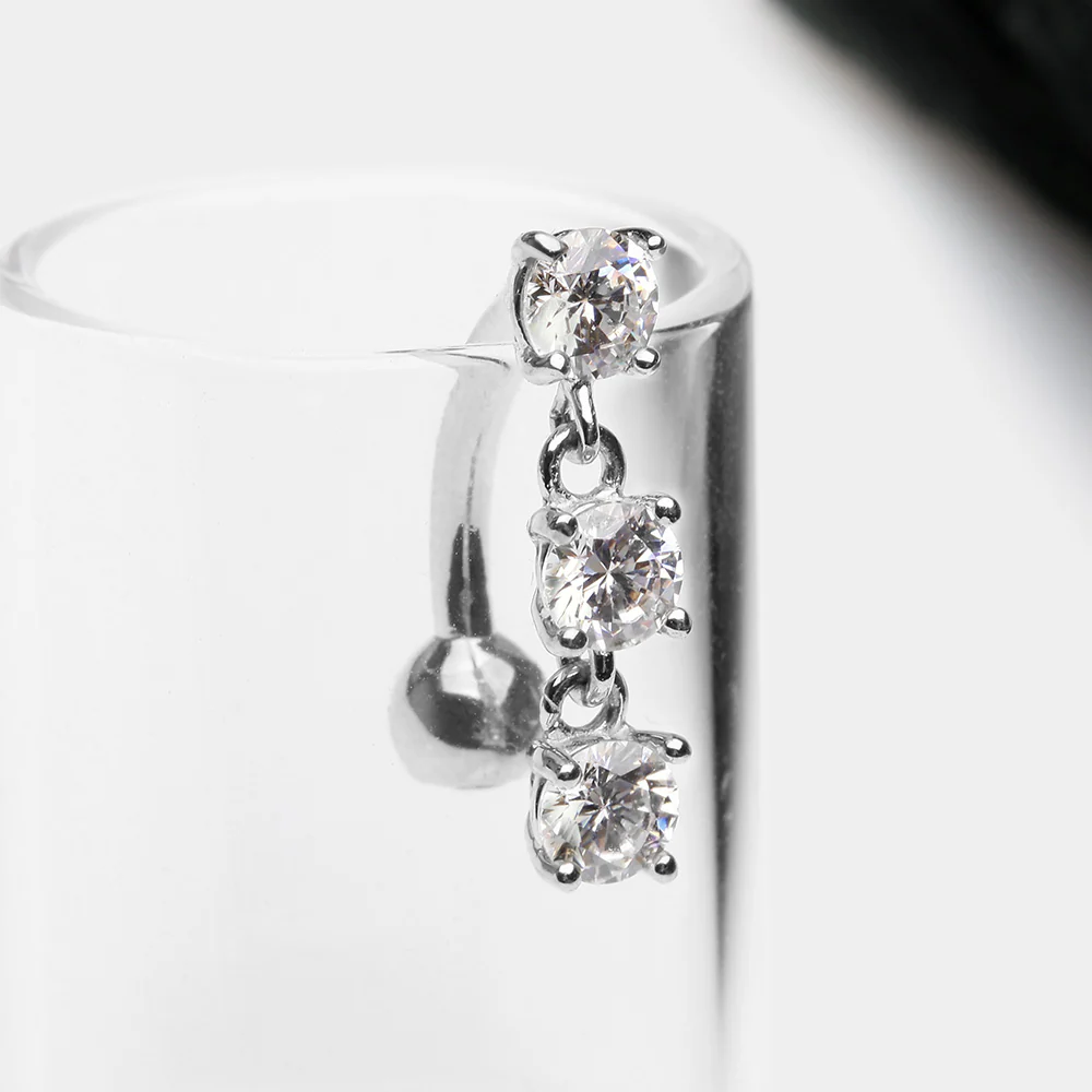 14 Karat White Gold Brilliant Triple Dangle Sparkle Top-Down Reverse Belly Button Ring - Image 3