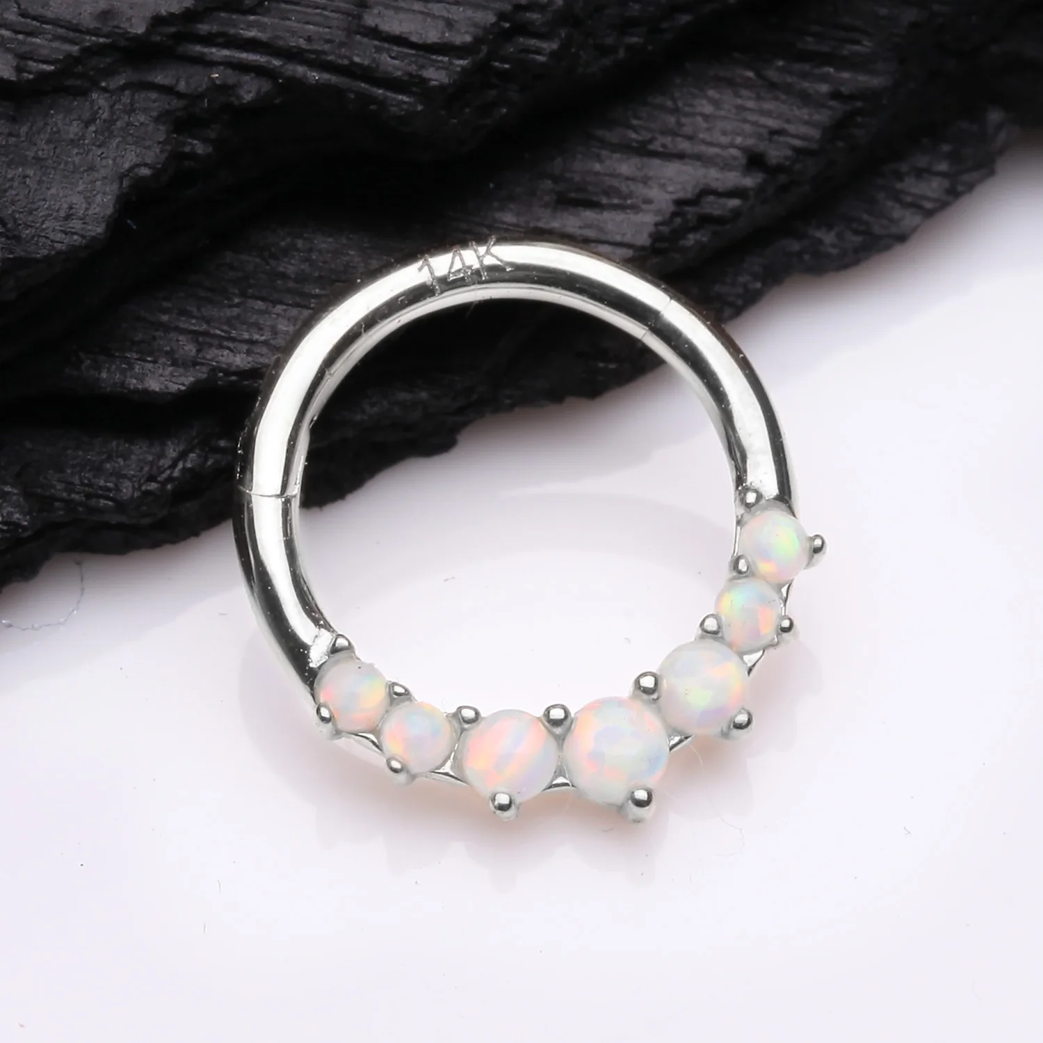 14 Karat White Gold Cascading Fire Opal Prong Set Lined Seamless Clicker Hoop Ring - Image 2