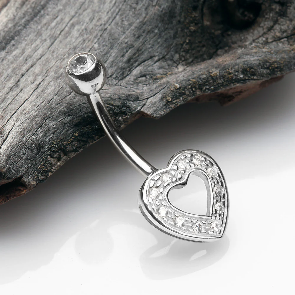 14 Karat White Gold Charming Heart Sparkle Belly Button Ring - Image 3