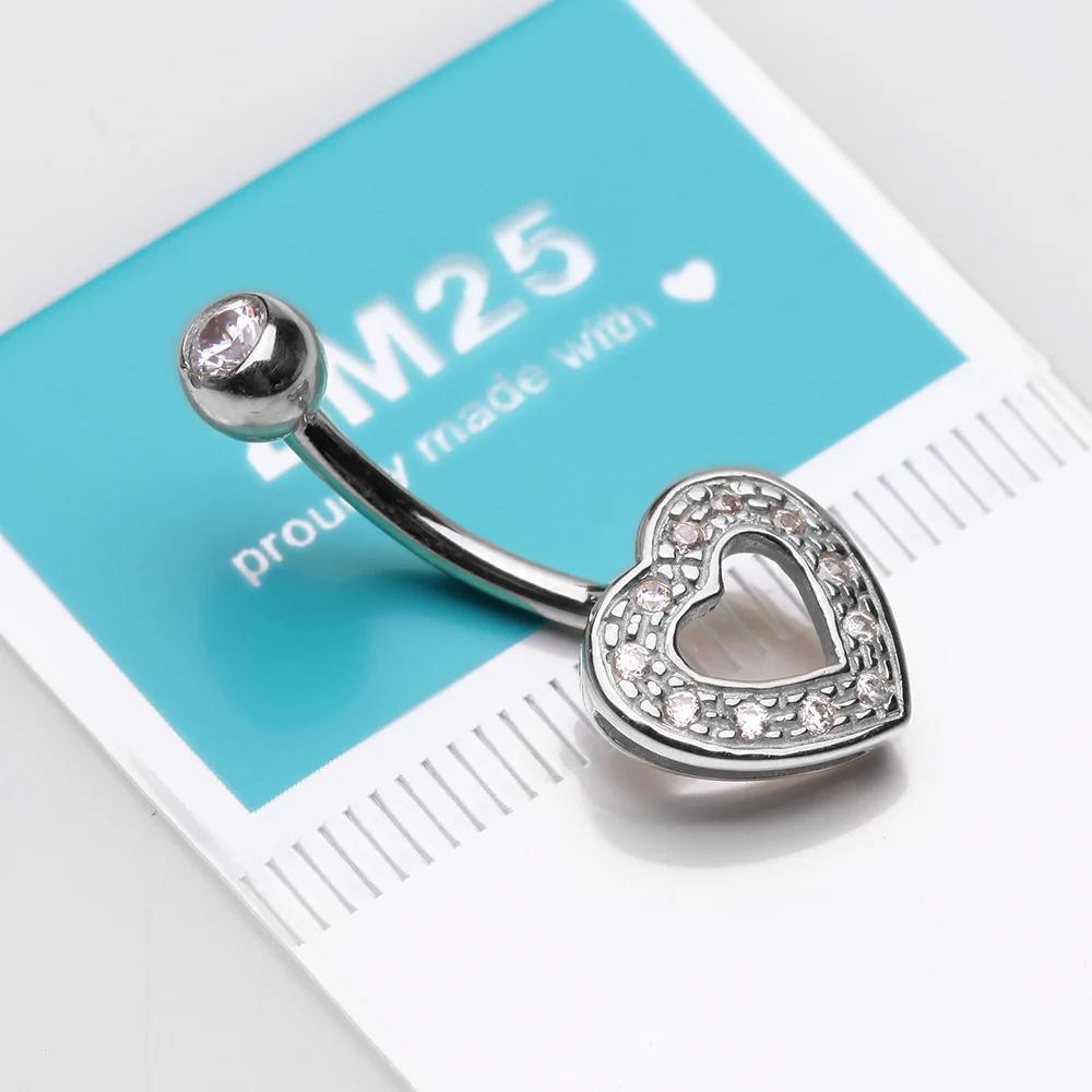 14 Karat White Gold Charming Heart Sparkle Belly Button Ring - Image 4