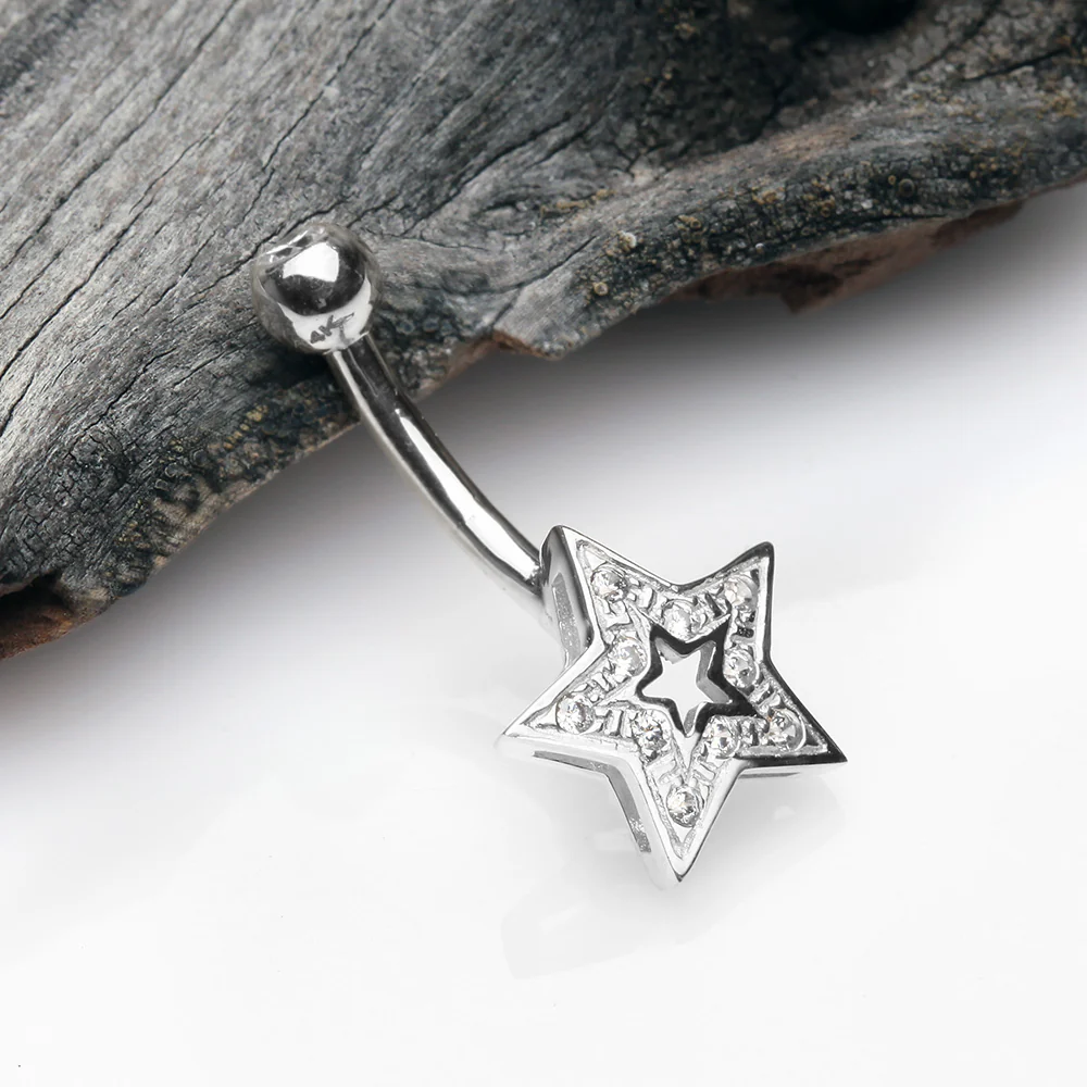 14 Karat White Gold Charming Star Sparkle Belly Button Ring - Image 3