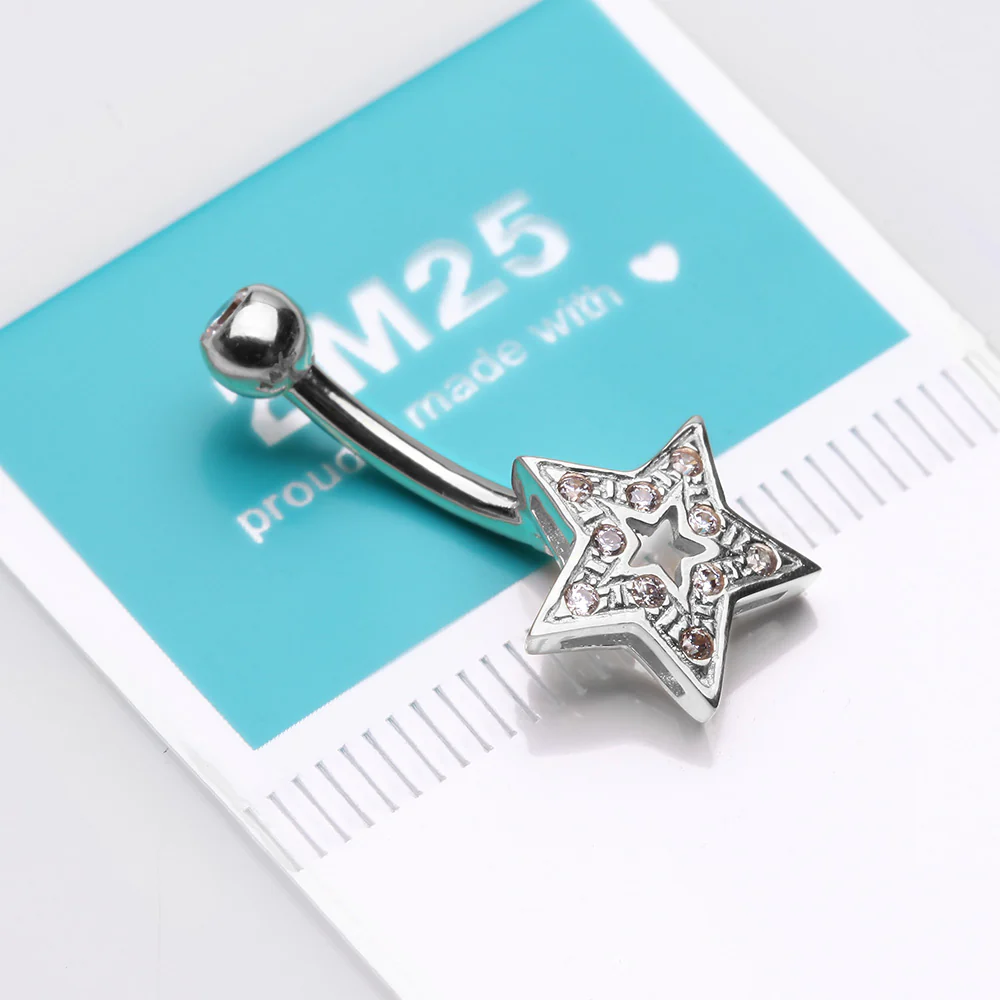 14 Karat White Gold Charming Star Sparkle Belly Button Ring - Image 4